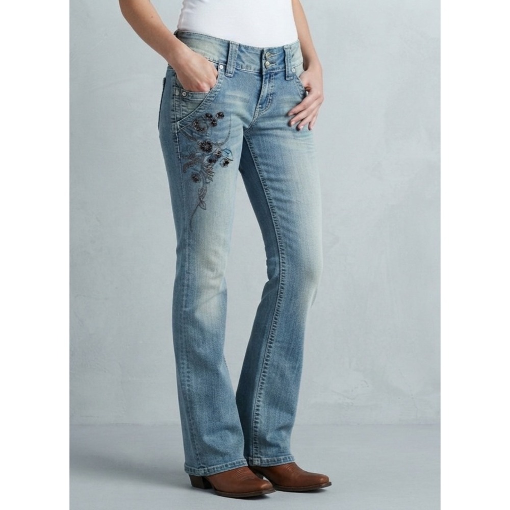 Vigoss Floral Embroidered Bootcut Stretch Blue Jeans Size 9